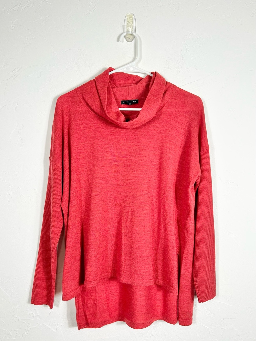 Eileen Fisher 100% Merino Wool Cowl Neck Tunic Sweater Heathered High‎ Low